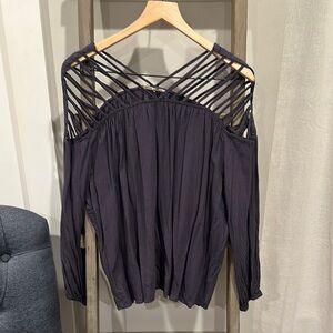 Entro Navy Blue Asymmetrical Ruched Long Sleeve Blouse